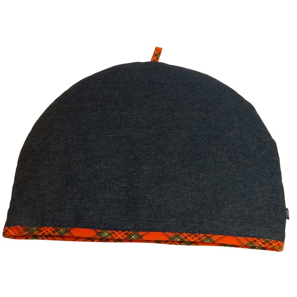 Denim Tea Cozy Tea Cosy Cover Plaid Scottie Dog Embroidered Farmhouse Kitchen - Picture 5 of 8